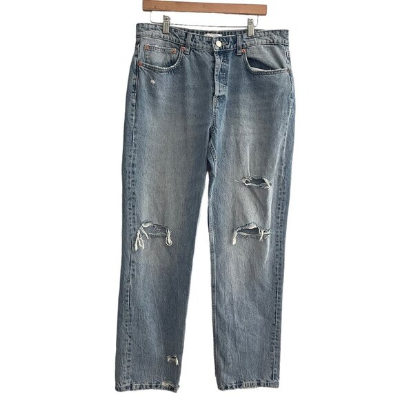 Zara Denim - Zara Womens Jeans Size 12 Light Wash Distressed Straight Leg Button Closure